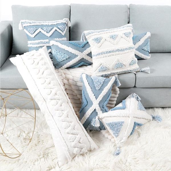 

pillow case bohemian tassel throw blue beige textured fringe tribal decorative cushion cover for sofa couch bedroom
