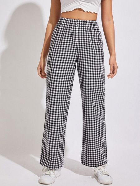 

petite gingham high waist straight leg pants w6pe#, Black;white