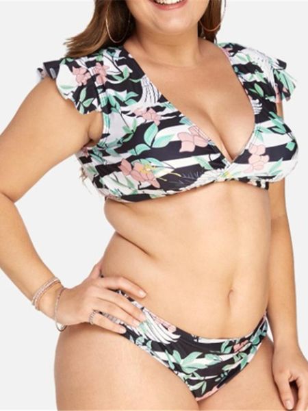 

women's swimwear split swimsuit european and american plus size plus-sized printed bikini, White;black