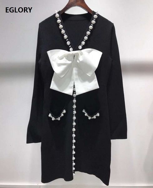 

dresses knitted autumn winter style women v-neck crystal beading bow deco long sleeve casual black sweater, Black;gray