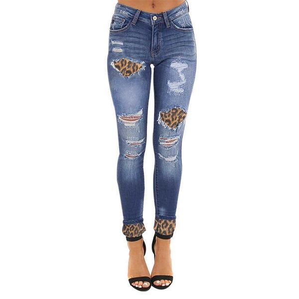 

fashion jeans leopard stitching women's slim cropped pants 78402, Blue