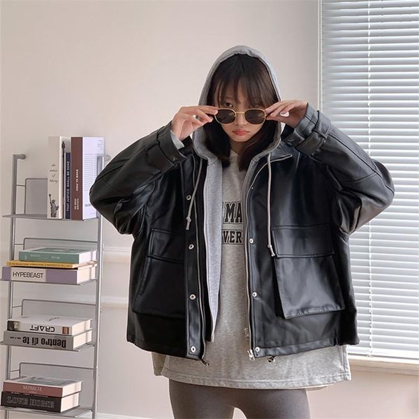 

women's leather & faux spring autumn contrast patchwork hooded black pu jacket casual fake 2 piece female motorcycle biker coat streetw