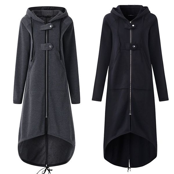 

women's hoodies & sweatshirts european and american solid color fleece ladies sweater, street hooded jacket zipper long windbreake, Black