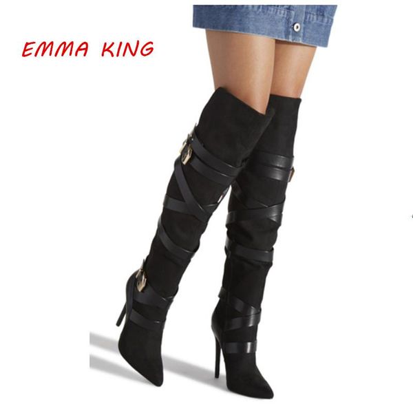 

wraparound 2021 buckle straps knee high boots women pointed toe stiletto knight fashion side zip heel long, Black