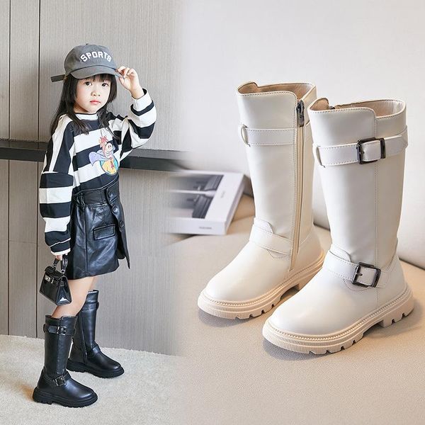 

boots 3-12 years mid-calf shoes for princess black girls winter 2021 fashion buckle flat with child girl shoe waterproof, Black;grey