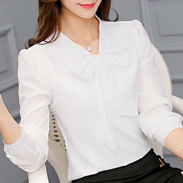 

autumn long sleeve white blouse women blouse women blusas mujer de moda bow v-neck chiffon blouse shirt blusa d610 210602