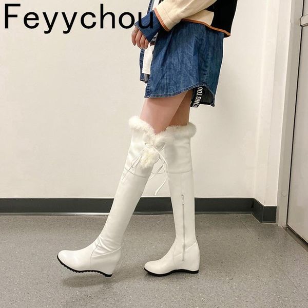

boots women winter warm high heel round toe pu zip fur over-the-knee height increasing motorcycle fashion casual, Black