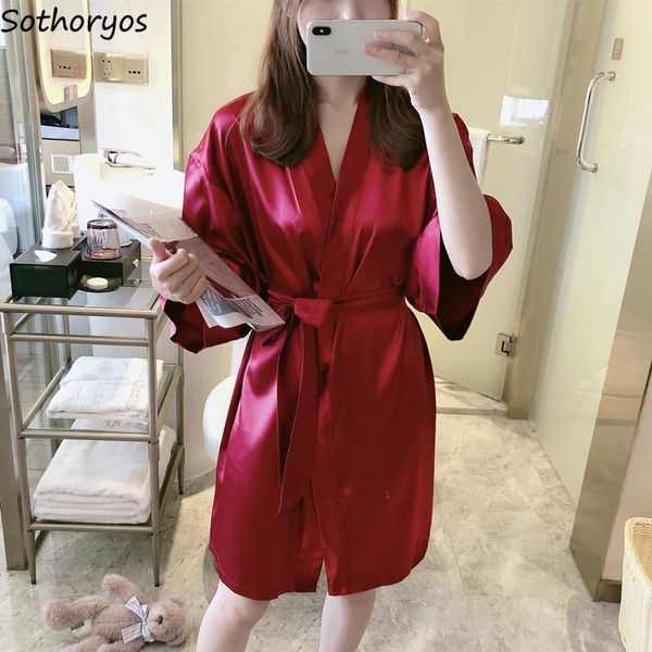 

women's sleepwear large size robes women -3xl loose colorful solid thin three quarter sleeve girls home cozy female lounge, Black;red