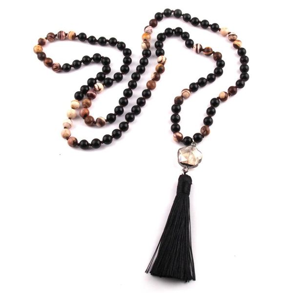 

pendant necklaces fashion bohemian tribal jewelry 108pc black stone knotted yago necklace flower crystal link tassel for women, Silver