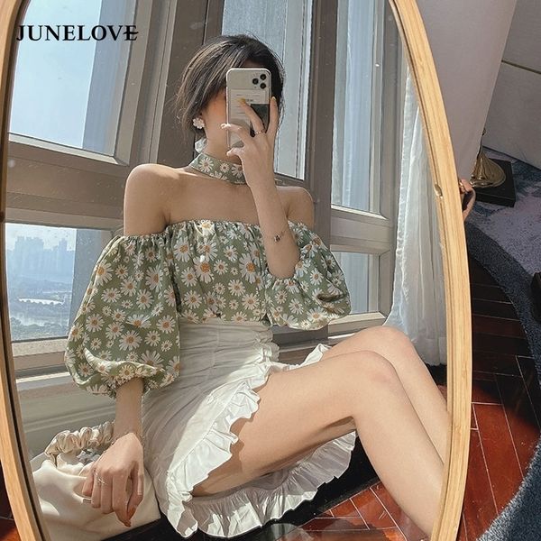 

junelove fashion women blouse lady loose off shoulder floral printed casual short sleeve shirt blouse summer set wear suits 210317, White