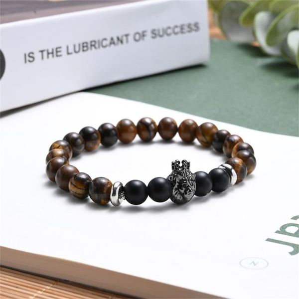 

beaded, strands copper micro-inlaid crown lion bracelet natural tiger stone map diy creative beaded for women and men, Black