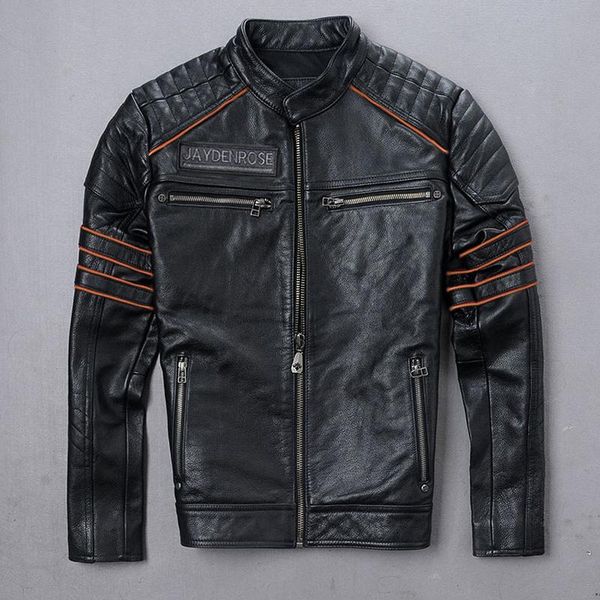 

men's leather & faux 2021 black motorcycle style skulls embroidery genuine jacket men plus size 4xl real natural cowhide autumn biker c