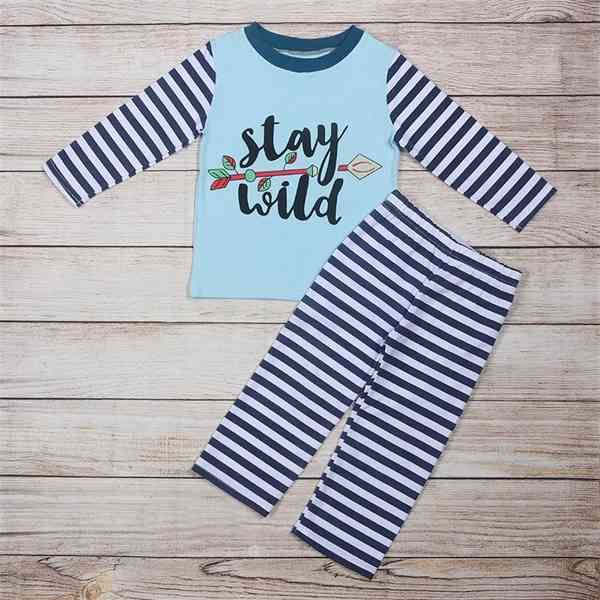 

toddler boy clothes autumn blue long-sleeve and navy blue striped trousers stay wild font print pattern toddler clothes x0802, White
