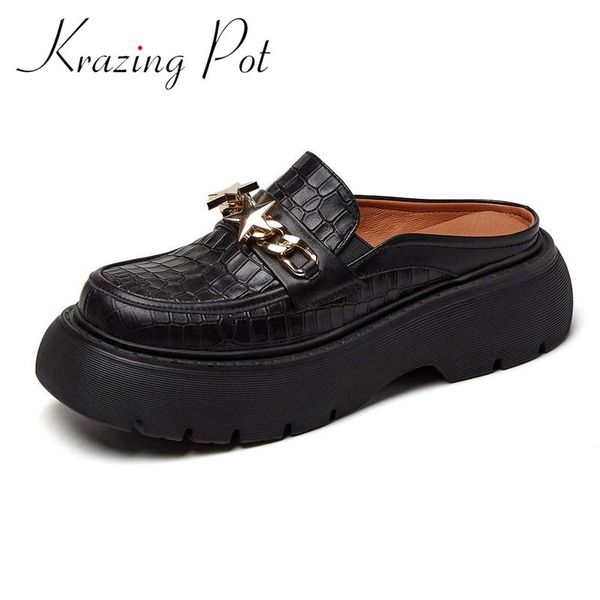 

slippers krazing pot full grain leather metal fasteners thick bottom high heels mules british school vintage slip on women slipper l88, Black