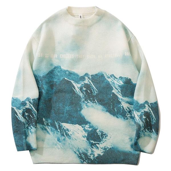 

men's sweaters men hip hop knitted jumper painting mountain print streetwear harajuku 2021 autumn fashion casual pullovers clothing, White;black