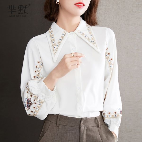 Design de moda outono feminino gola virada para baixo bordado de cor branca lanterna floral manga longa chiffon blusa camisa plus size tops SMLXLXXL