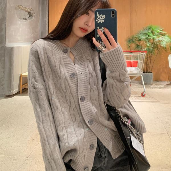 

women's knits & tees 2021 autumn and winter korean style o neck knittd cardigans womens loose twist grey sweaters cardigan womens(c8185, White