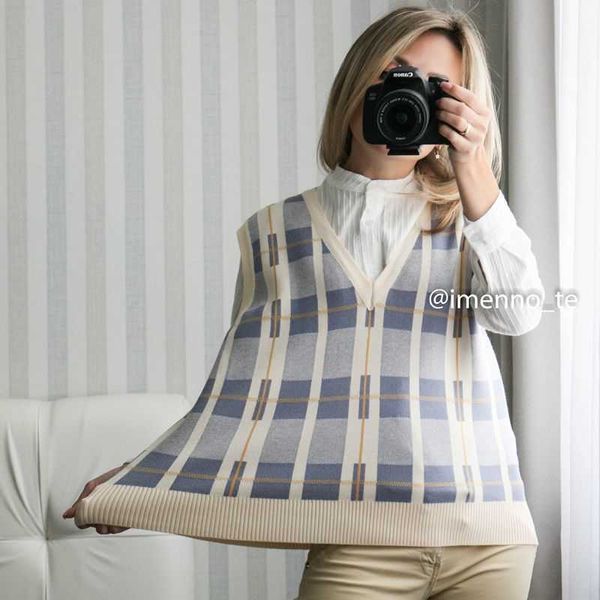 Mastgou jacquard knit mulheres camisola colete outono casual solto vintage xadrez sem mangas v-pescoço coreano feminino waistcoat outfits 211008