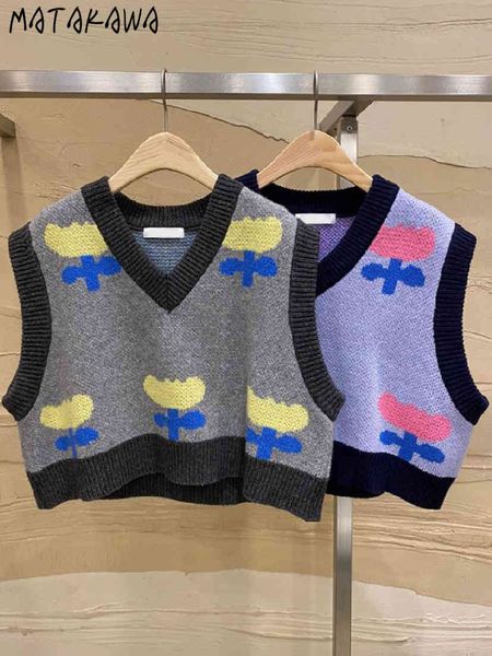

matakawa korean fashion v-neck color matching womens vest flowers casual knitted sweater vest women print waistcoat 210513, Black;white