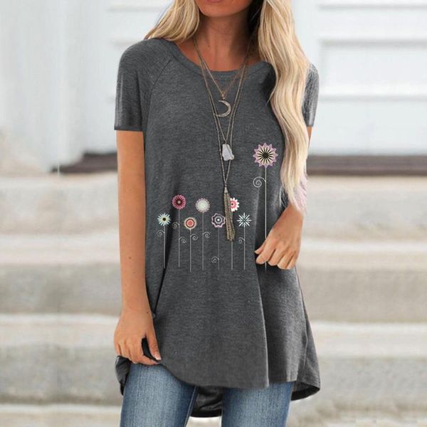 

ladies in women's blouses fashion plus size print round neck short sleeved long sheer blusas elegantes de mujer & shirts, White
