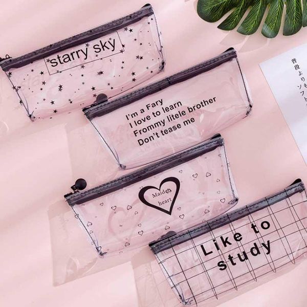 

pencil cases case, creative transparent letters checked student storage bag office supplies, kawaii zipper case