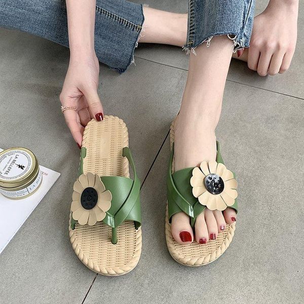 

slippers flip-flops for women's outer wear summer versatile korean version half flat bottom non-slip flower toe, Black