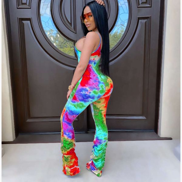 

2020 new women's color printed pleated suspender jumpsuit, White