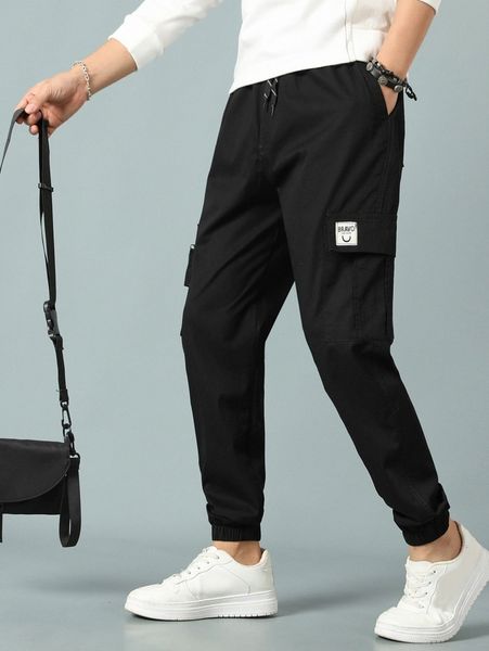 

men patch detail cargo pants u5bb#, Black