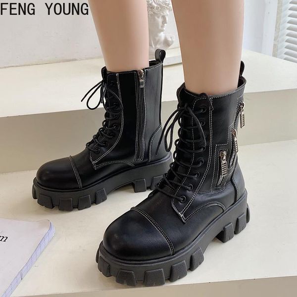 

boots women's combat platform women thick bottom slip on out ankle for woman chunky motorcycle botas, Black