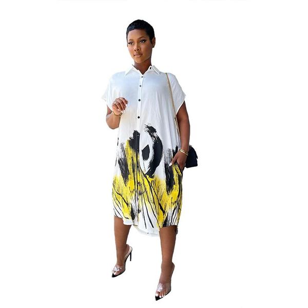 

casual dresses summer shirt dress women short sleeve irregular printed white pink yellow single breasted fashion midi maxi robe, Black;gray