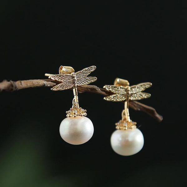 

dangle & chandelier green purple natural fresh water white pearl bragonfly drop earrings for women girl gift handmade charm fashion jewelry, Silver
