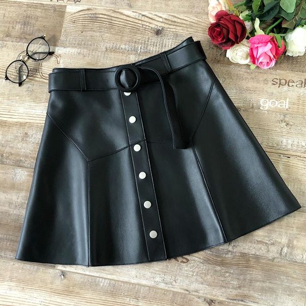 

skirts 2021 spring sheepskin skirt womens black high waist fashion a-line mini button belt umbrella