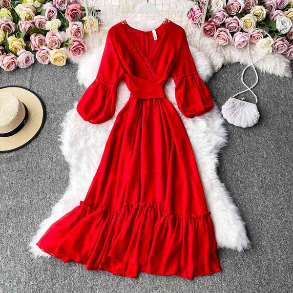 

casual women hollow out midi dress v-neck long sleeve big swing ruffle slim red beach dresses female fashion vestidos 210426, Black;gray