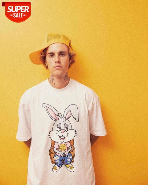 

drew justin bieber with the same smiley tusky rabbit print oversized version of short-sleeved t-shirt #ik8i, White;black