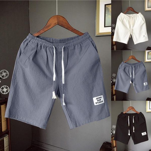 

men's pants fashion five-point beach summer leisure flax large size loose belt drawstring shorts ropa hombre, Black