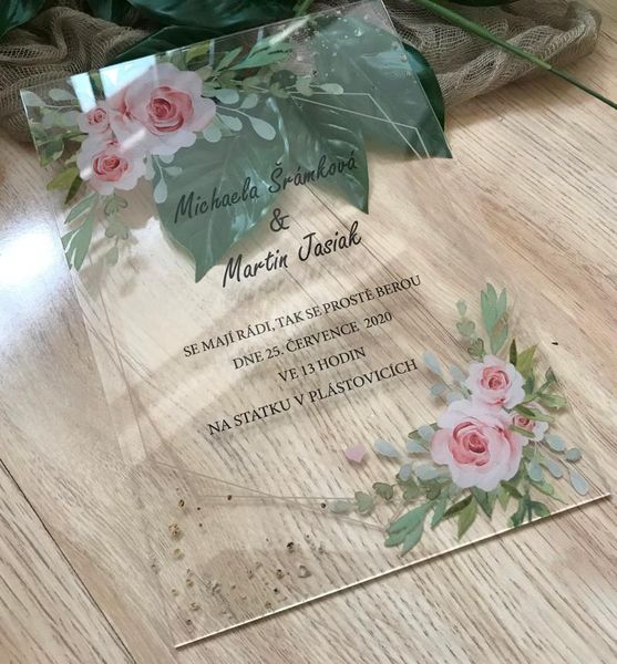 

greeting cards wedding acrylic invitation,10pcs pink flower, roses invite,custom invitation,green leaves,birthday