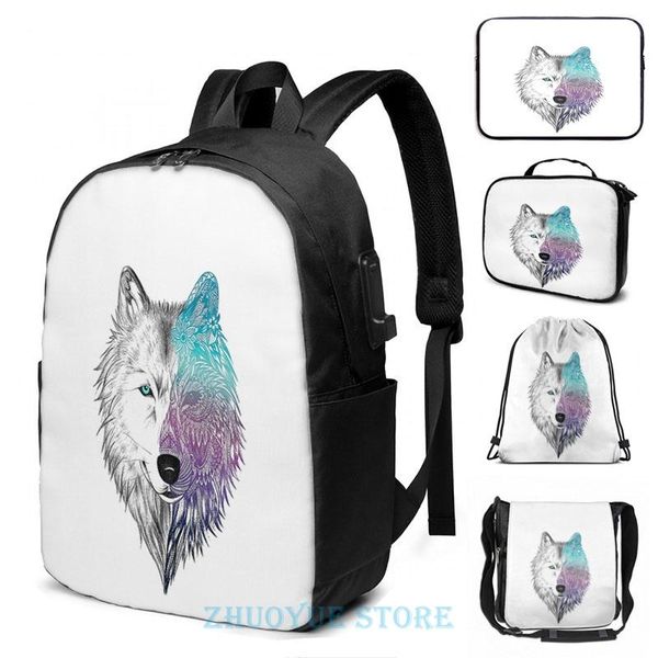 

backpack funny graphic print wolf mandala usb charge men school bags women cosmetic bag travel laptop
