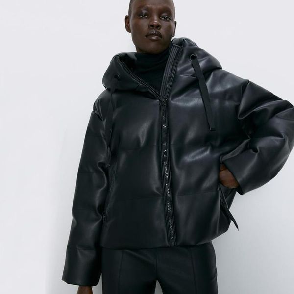 

women's leather & faux short zipper, partials with pockets pu, elegant winter coats, cotton jackets hood, Black