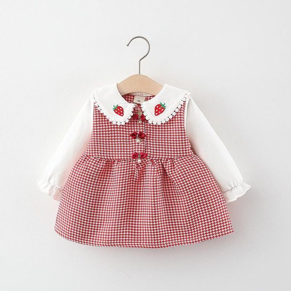 

girl's dresses baby girl dress plaid print patchwork long sleeve black strawberry born12 months pearls princess cute toddler clothes, Red;yellow