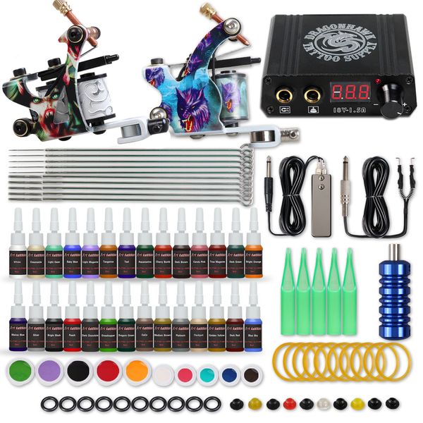 

dragonhawk tattoo kit 2 machine guns power supply 28 color inks needles hw-17vd