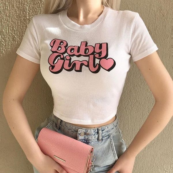 

women's t-shirt street po letterprint slimming midriff, White