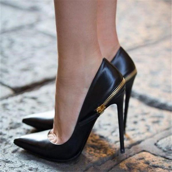 

dress shoes black matte leather pointy toe stiletto heel back zipper patchwork 12cm thin heels party wedding office pumps