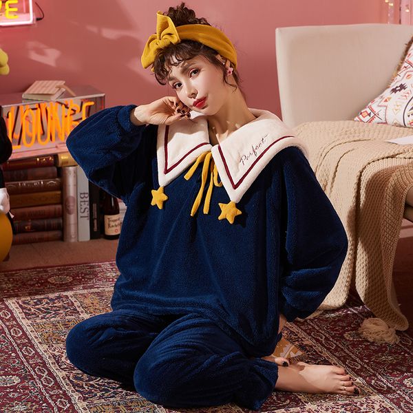 

nightwa winter thick warm flannel cute pajamas sets for women sleepwear long sleeves clothing home wear soft pyjamas set female, Black;red