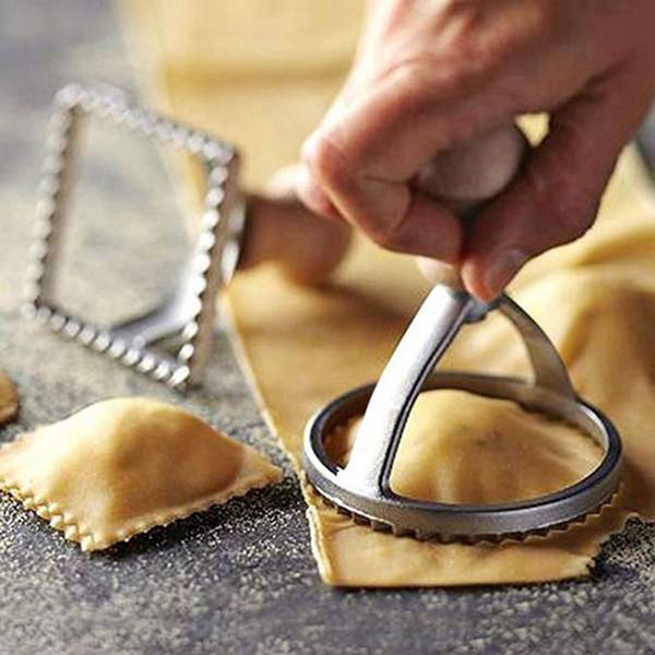 

other bakeware ravioli stamp maker cutter with roller wheel set, mold wooden handle for fluted edge, pasta press kitchen attachment