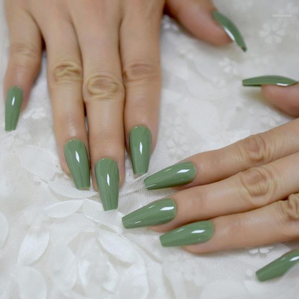 

tapered medium long ballerina nail solid color uv gelnails cream green beautiful designed fingernails 241, Red;gold