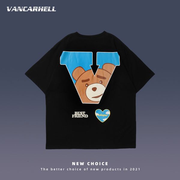 

tee polo sleeve t-shirt men's ins summer bear men's and women's bf lazy wind loose student round neck half t-shirt fashion, White;black