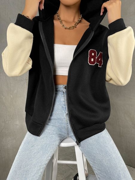 

zip up patch detail drop shoulder thermal hoodie c8ch#, White;black