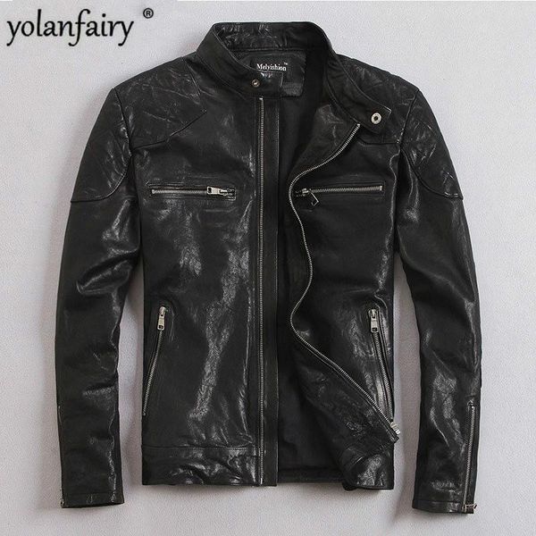 

men's leather & faux yolanfairy 100% natural goat skin jacket men spring autumn short slim motocycle bomber jackets casacas de cuero mf, Black