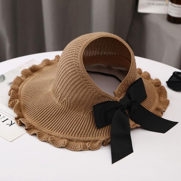 

summer women hat casual bow empty solid beach visor bucket fashion outdoor vacation lady sun wide brim hats, Blue;gray