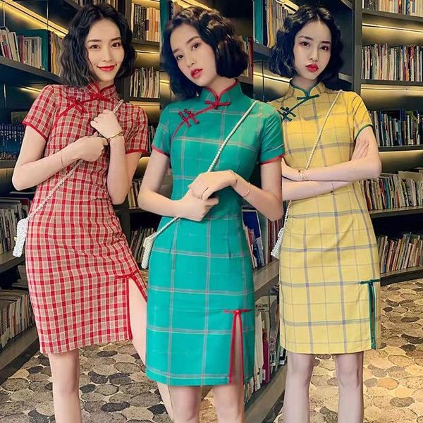 

ethnic clothing elegant slim chinese seramic ladies in ornaments vintage daily dress women cotton mini qipao split plaid cheongsam, Red